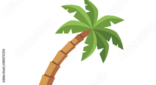 A stylized illustration of a leaning palm tree with a thick brown trunk and vibrant green fronds against a white background.