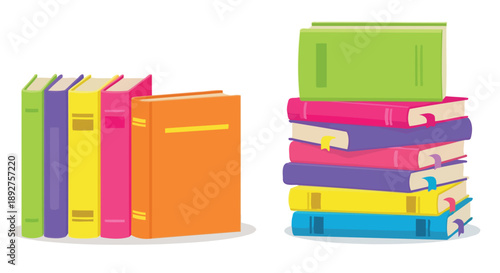 A colorful collection of stacked and standing books, representing knowledge and education.