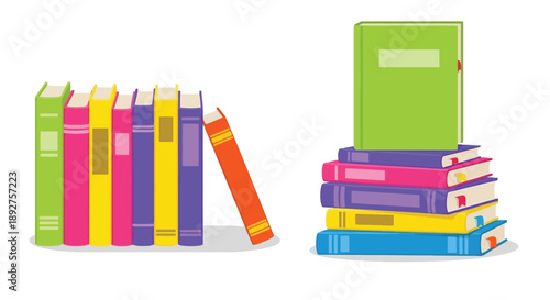 A colorful collection of books, some standing upright in a row and others stacked neatly, representing knowledge and literature.