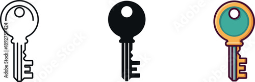 Set of diverse key icons in outline, solid, and colorful flat design styles for various applications isolated on white background, Vector