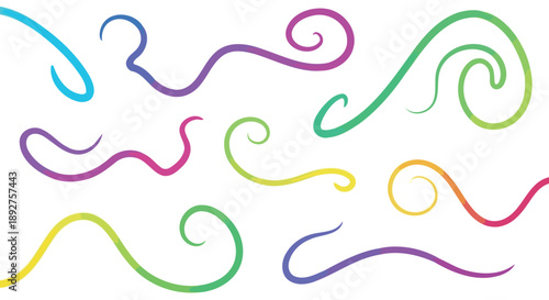 A vibrant collection of colorful, flowing, and whimsical decorative swirls and lines on a white background.
