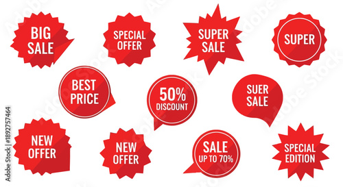 Collection of red sale and discount stickers with various promotional messages like 'Big Sale', 'Special Offer', 'Best Price', and '50% Discount'.