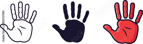 A set of three open hand icons illustrating different styles of palm prints for various designs isolated on white background, Vector