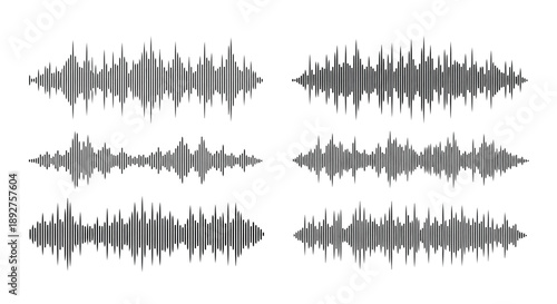 Six distinct grey sound wave visualizations, each displaying a unique pattern of amplitude fluctuations over time, presented against a white background.