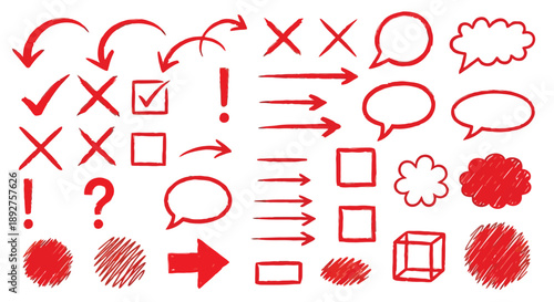 Collection of red hand-drawn graphic elements including arrows, checkmarks, crosses, question marks, exclamation points, speech bubbles, squares, and circles.