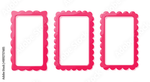 Three decorative pink scalloped frames arranged side-by-side on a white background, perfect for invitations or scrapbooking.
