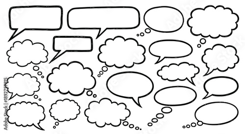 A collection of hand-drawn speech bubbles and thought clouds in various shapes and sizes, isolated on a white background.