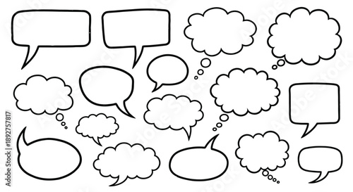 A collection of various hand-drawn speech and thought bubbles in different shapes and sizes, isolated on a white background.