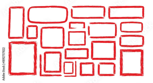 A collection of hand-drawn red rectangular and rounded frames arranged in a disorganized pattern on a white background.