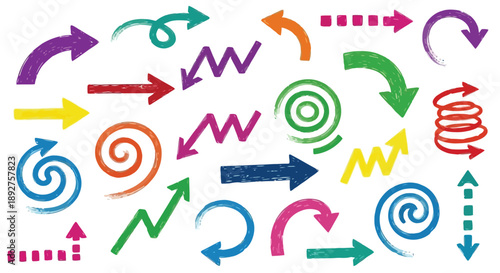 A vibrant collection of diverse arrow shapes and styles, including curved, straight, spiral, and zigzag designs in various colors.