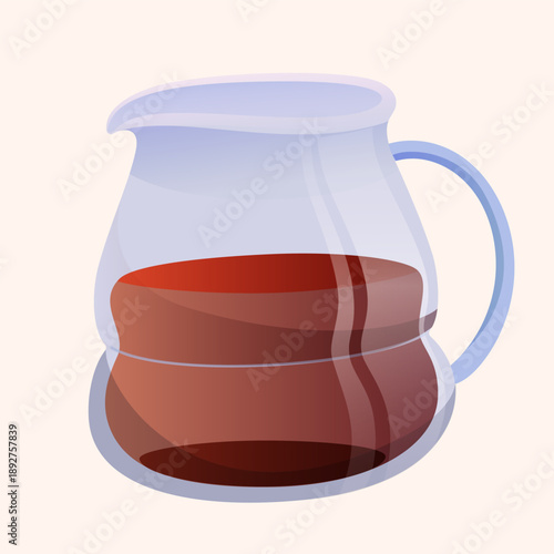 Transparent glass pitcher filled with dark liquid on light background