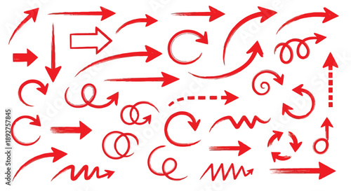 A diverse collection of red arrows in various styles and directions, illustrating movement and directionality.