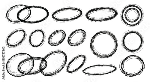 A collection of hand-drawn, sketchy oval and circular shapes with a textured, scribbled outline, presented on a white background.