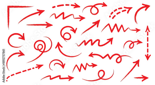 Collection of various red hand-drawn arrow icons with different styles and directions on a white background.