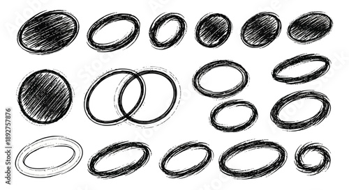 A collection of hand-drawn, sketchy oval shapes and circles with varying degrees of shading and overlap, presented on a white background.