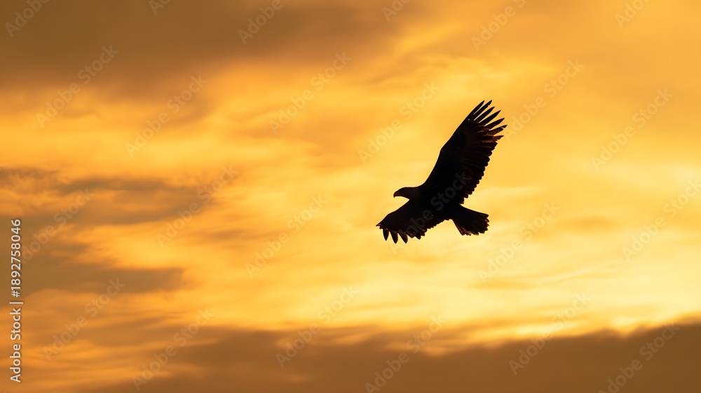 Obraz premium Majestic eagle silhouette against a vibrant sunset sky evokes freedom and boundless natural beauty