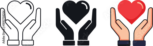 Hands gently holding a heart, symbolizing care, love, and compassion in multiple styles isolated on white background, Vector