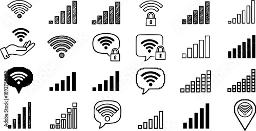 Diverse wifi icons set: hand drawn and pixel art styles for connectivity design
