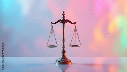 Symbol of Justice: A meticulously crafted scale of justice stands in perfect equilibrium, its delicate form silhouetted against a softly diffused backdrop of colors, symbolizing fairness.