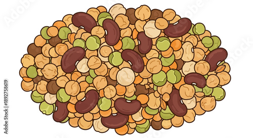 Illustration of assorted legumes including kidney beans, lentils, chickpeas, and peas on a white background, highlighting nutritional and environmental benefits for World Pulses Day and