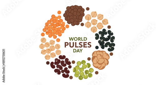 Illustration of various legumes like kidney beans, lentils, chickpeas, and peas, forming a circle around 'World Pulses Day' text, highlighting nutritional and environmental benefits on a