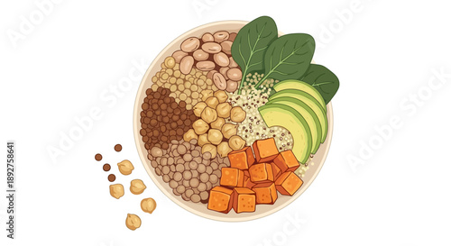 Illustration of a bowl filled with various legumes and vegetables, including kidney beans, lentils, chickpeas, and sweet potatoes, highlighting nutritional and environmental benefits on