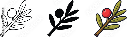 Illustrations of a branch with berry and leaves in outline, silhouette, and colored styles isolated on white background, Vector