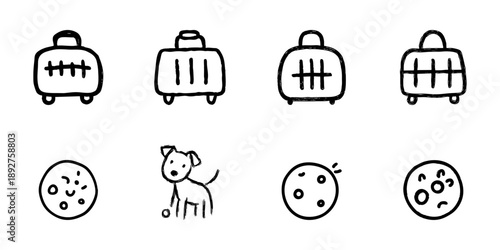 Pet Carrier And Dog With Ball Line Icon Set In Doodle Style. Pet Travel, Animal Care, And Playful Interaction Outline Sketch Collection. Hand Drawn Isolated Vector Illustration