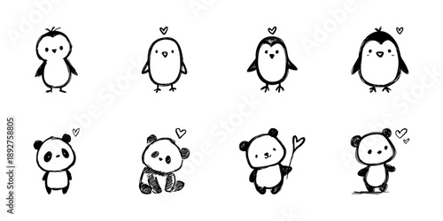 Cute Penguin And Panda Line Icon Set In Doodle Style. Adorable Animal Characters With Hearts Outline Sketch Collection. Hand Drawn Isolated Vector Illustration