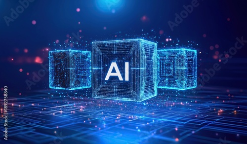 Three glowing blue cubes with AI letters floating above abstract circuit line and data point background representing artificial intelligence tech concept
