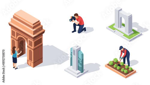 Isometric urban landmarks and activities: photography, gardening, and iconic structures