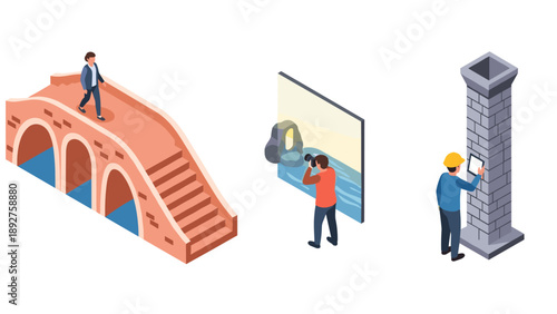 Isometric scenes of professionals in architecture and photography