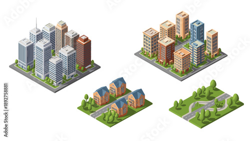 Modern urban and suburban isometric cityscape with buildings and green spaces