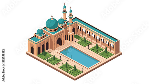 Isometric mosque complex with courtyard and pool in elegant architecture design