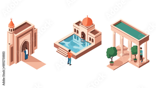 Isometric ancient architecture with people in traditional clothing
