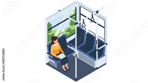 Isometric interior of modern bus with passenger seated in public transport scene