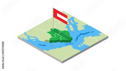 Isometric map of austria with flag on geographic terrain