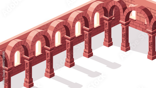 Isometric ancient brick archway with shadow play on white background