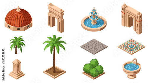 Isometric architecture elements collection: domes, fountains, and palms for design projects