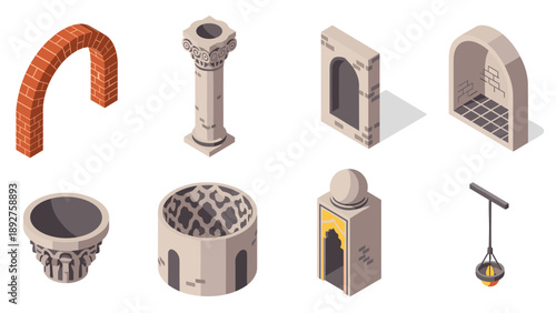Isometric ancient architecture elements with columns and arches