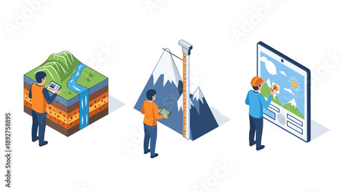 Isometric geology and geography concepts with scientists and digital tools