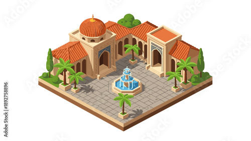 Isometric middle eastern courtyard with fountain and palm trees
