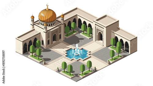 Isometric mosque courtyard with fountain and islamic architecture elements