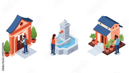 Isometric architecture scenes: visiting historical buildings and fountain