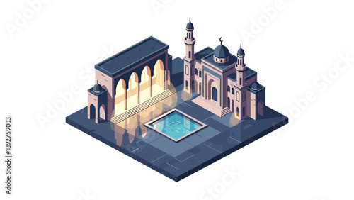 Isometric mosque with courtyard and pool in sunset lighting
