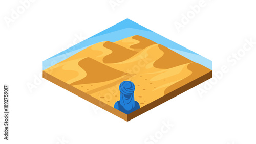 Isometric desert landscape with dunes and figure in blue attire