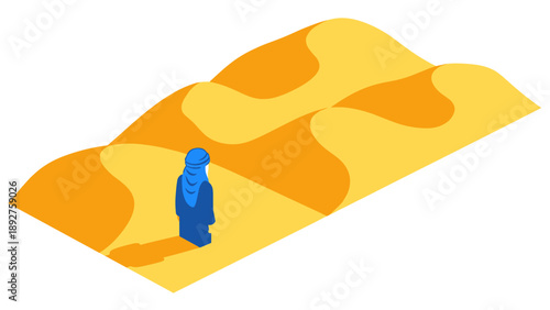 Isometric desert scene with figure in blue robe on dunes