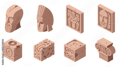 Ancient architecture elements in isometric stone style featuring historical sculptures and reliefs