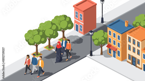 Isometric urban street scene with pedestrians and colorful buildings