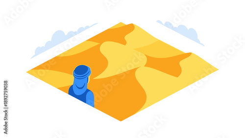 Isometric desert landscape with traveler in blue turban